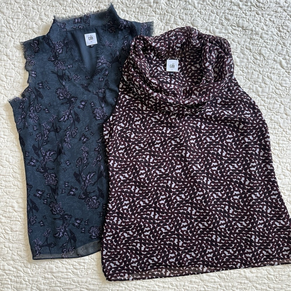 CAbi Blouses Women's Small Burgundy Black Gray Floral Geometric Lined‎ Set of 2